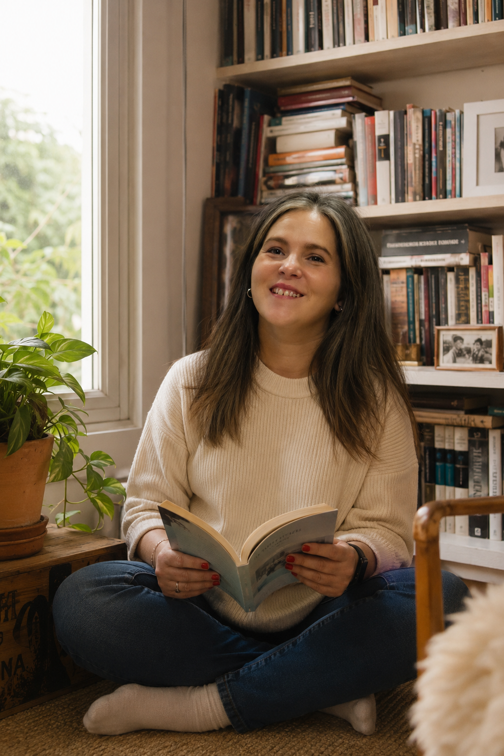 Eli Tarasiuk sentada frente a su biblioteca leyendo un libro
